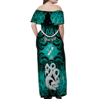Personalised Maori Matariki Manaia Turquoise Off Shoulder Maxi Dress Maori Kowhaiwhai Pattern Galaxy LT01 - Polynesian Pride