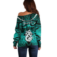 Personalised Maori Matariki Manaia Turquoise Off Shoulder Sweater Maori Kowhaiwhai Pattern Galaxy LT01 - Polynesian Pride