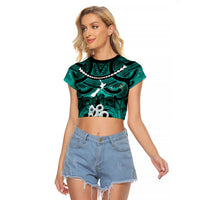 Personalised Maori Matariki Manaia Turquoise Raglan Cropped T Shirt Maori Kowhaiwhai Pattern Galaxy LT01 Female Turquoise - Polynesian Pride