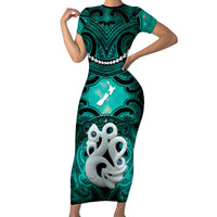Personalised Maori Matariki Manaia Turquoise Short Sleeve Bodycon Dress Maori Kowhaiwhai Pattern Galaxy LT01 Long Dress Turquoise - Polynesian Pride