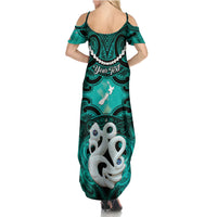 Personalised Maori Matariki Manaia Turquoise Summer Maxi Dress Maori Kowhaiwhai Pattern Galaxy LT01 - Polynesian Pride