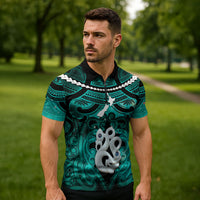 Personalised Maori Matariki Manaia Turquoise Zipper Polo Shirt Maori Kowhaiwhai Pattern Galaxy LT01 - Polynesian Pride