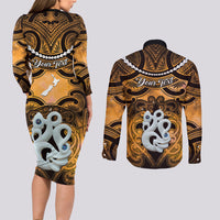 Personalised Maori Matariki Manaia Kowhai Couples Matching Long Sleeve Bodycon Dress and Long Sleeve Button Shirt Maori Kowhaiwhai Pattern Galaxy