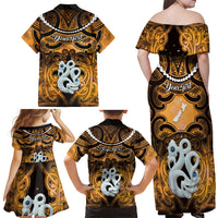 Personalised Maori Matariki Manaia Kowhai Family Matching Off Shoulder Maxi Dress and Hawaiian Shirt Maori Kowhaiwhai Pattern Galaxy