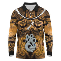 Personalised Maori Matariki Manaia Kowhai Long Sleeve Polo Shirt Maori Kowhaiwhai Pattern Galaxy LT01 Yellow - Polynesian Pride