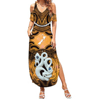 Personalised Maori Matariki Manaia Kowhai Summer Maxi Dress Maori Kowhaiwhai Pattern Galaxy LT01 Women Yellow - Polynesian Pride