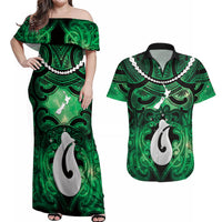 Personalised Maori Matariki Hei Matau Kakariki Couples Matching Off Shoulder Maxi Dress and Hawaiian Shirt Maori Kowhaiwhai Pattern Galaxy
