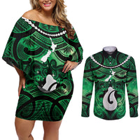 Personalised Maori Matariki Hei Matau Kakariki Couples Matching Off Shoulder Short Dress and Long Sleeve Button Shirt Maori Kowhaiwhai Pattern Galaxy LT01 Green - Polynesian Pride
