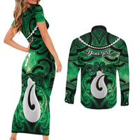 Personalised Maori Matariki Hei Matau Kakariki Couples Matching Short Sleeve Bodycon Dress and Long Sleeve Button Shirt Maori Kowhaiwhai Pattern Galaxy
