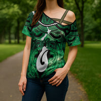 Personalised Maori Matariki Hei Matau Kakariki Cross Shoulder Shirt Maori Kowhaiwhai Pattern Galaxy LT01 - Polynesian Pride