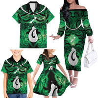 Personalised Maori Matariki Hei Matau Kakariki Family Matching Off The Shoulder Long Sleeve Dress and Hawaiian Shirt Maori Kowhaiwhai Pattern Galaxy