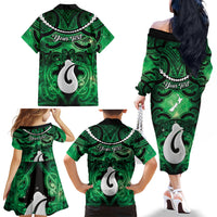 Personalised Maori Matariki Hei Matau Kakariki Family Matching Off The Shoulder Long Sleeve Dress and Hawaiian Shirt Maori Kowhaiwhai Pattern Galaxy