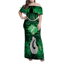 Personalised Maori Matariki Hei Matau Kakariki Family Matching Off Shoulder Maxi Dress and Hawaiian Shirt Maori Kowhaiwhai Pattern Galaxy