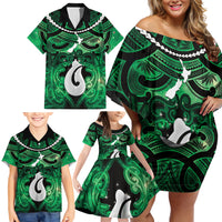Personalised Maori Matariki Hei Matau Kakariki Family Matching Off Shoulder Short Dress and Hawaiian Shirt Maori Kowhaiwhai Pattern Galaxy