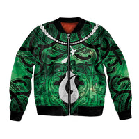 Personalised Maori Matariki Hei Matau Kakariki Sleeve Zip Bomber Jacket Maori Kowhaiwhai Pattern Galaxy LT01 Unisex Green - Polynesian Pride