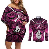 Personalised Maori Matariki Hei Matau Mawhero Couples Matching Off Shoulder Short Dress and Long Sleeve Button Shirt Maori Kowhaiwhai Pattern Galaxy