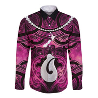 Personalised Maori Matariki Hei Matau Mawhero Long Sleeve Button Shirt Maori Kowhaiwhai Pattern Galaxy LT01 Unisex Pink - Polynesian Pride