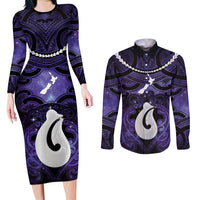 Personalised Maori Matariki Hei Matau Waiporoporo Couples Matching Long Sleeve Bodycon Dress and Long Sleeve Button Shirt Maori Kowhaiwhai Pattern Galaxy