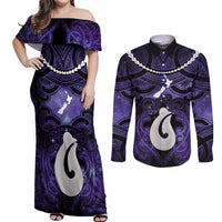 Personalised Maori Matariki Hei Matau Waiporoporo Couples Matching Off Shoulder Maxi Dress and Long Sleeve Button Shirt Maori Kowhaiwhai Pattern Galaxy