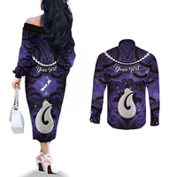 Personalised Maori Matariki Hei Matau Waiporoporo Couples Matching Off The Shoulder Long Sleeve Dress and Long Sleeve Button Shirt Maori Kowhaiwhai Pattern Galaxy