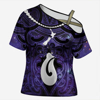Personalised Maori Matariki Hei Matau Waiporoporo Cross Shoulder Shirt Maori Kowhaiwhai Pattern Galaxy LT01 Female Purple - Polynesian Pride