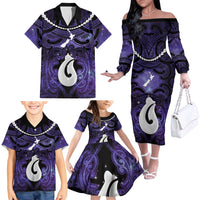 Personalised Maori Matariki Hei Matau Waiporoporo Family Matching Off The Shoulder Long Sleeve Dress and Hawaiian Shirt Maori Kowhaiwhai Pattern Galaxy