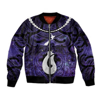 Personalised Maori Matariki Hei Matau Waiporoporo Sleeve Zip Bomber Jacket Maori Kowhaiwhai Pattern Galaxy LT01 Unisex Purple - Polynesian Pride