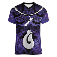 Personalised Maori Matariki Hei Matau Waiporoporo Women V-Neck T-Shirt Maori Kowhaiwhai Pattern Galaxy