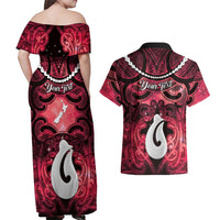Personalised Maori Matariki Hei Matau Whero Couples Matching Off Shoulder Maxi Dress and Hawaiian Shirt Maori Kowhaiwhai Pattern Galaxy