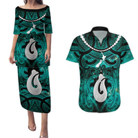 Personalised Maori Matariki Hei Matau Turquoise Couples Matching Puletasi and Hawaiian Shirt Maori Kowhaiwhai Pattern Galaxy