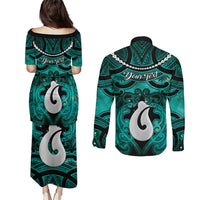 Personalised Maori Matariki Hei Matau Turquoise Couples Matching Puletasi and Long Sleeve Button Shirt Maori Kowhaiwhai Pattern Galaxy LT01 - Polynesian Pride