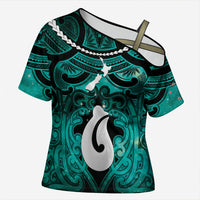 Personalised Maori Matariki Hei Matau Turquoise Cross Shoulder Shirt Maori Kowhaiwhai Pattern Galaxy LT01 Female Turquoise - Polynesian Pride