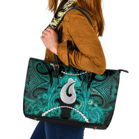 Maori Matariki Hei Matau Turquoise Leather Tote Bag Maori Kowhaiwhai Pattern Galaxy LT01 Turquoise - Polynesian Pride