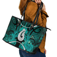 Maori Matariki Hei Matau Turquoise Leather Tote Bag Maori Kowhaiwhai Pattern Galaxy LT01 - Polynesian Pride