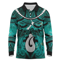 Personalised Maori Matariki Hei Matau Turquoise Long Sleeve Polo Shirt Maori Kowhaiwhai Pattern Galaxy LT01 Turquoise - Polynesian Pride