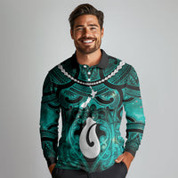 Personalised Maori Matariki Hei Matau Turquoise Long Sleeve Polo Shirt Maori Kowhaiwhai Pattern Galaxy LT01 - Polynesian Pride