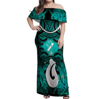 Personalised Maori Matariki Hei Matau Turquoise Off Shoulder Maxi Dress Maori Kowhaiwhai Pattern Galaxy LT01 Women Turquoise - Polynesian Pride