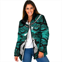 Personalised Maori Matariki Hei Matau Turquoise Padded Jacket Maori Kowhaiwhai Pattern Galaxy LT01 Women Turquoise - Polynesian Pride