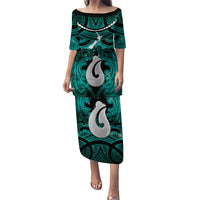 Personalised Maori Matariki Hei Matau Turquoise Puletasi Maori Kowhaiwhai Pattern Galaxy LT01 Long Dress Turquoise - Polynesian Pride