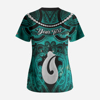 Personalised Maori Matariki Hei Matau Turquoise Scrub Top Maori Kowhaiwhai Pattern Galaxy LT01 - Polynesian Pride