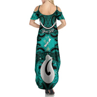 Personalised Maori Matariki Hei Matau Turquoise Summer Maxi Dress Maori Kowhaiwhai Pattern Galaxy LT01 - Polynesian Pride