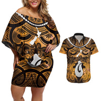 Personalised Maori Matariki Hei Matau Kowhai Couples Matching Off Shoulder Short Dress and Hawaiian Shirt Maori Kowhaiwhai Pattern Galaxy
