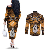 Personalised Maori Matariki Hei Matau Kowhai Couples Matching Off The Shoulder Long Sleeve Dress and Long Sleeve Button Shirt Maori Kowhaiwhai Pattern Galaxy