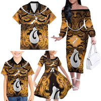 Personalised Maori Matariki Hei Matau Kowhai Family Matching Off The Shoulder Long Sleeve Dress and Hawaiian Shirt Maori Kowhaiwhai Pattern Galaxy