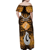 Personalised Maori Matariki Hei Matau Kowhai Family Matching Off Shoulder Maxi Dress and Hawaiian Shirt Maori Kowhaiwhai Pattern Galaxy