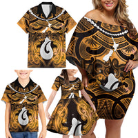 Personalised Maori Matariki Hei Matau Kowhai Family Matching Off Shoulder Short Dress and Hawaiian Shirt Maori Kowhaiwhai Pattern Galaxy