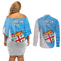 Fiji Rugby Couples Matching Off Shoulder Short Dress and Long Sleeve Button Shirts Come On Fijian Tapa Pattern LT01 - Polynesian Pride