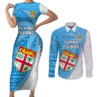Fiji Rugby Couples Matching Short Sleeve Bodycon Dress and Long Sleeve Button Shirts Come On Fijian Tapa Pattern LT01 Blue - Polynesian Pride
