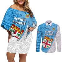 Custom Fiji Rugby Couples Matching Off Shoulder Short Dress and Long Sleeve Button Shirts Come On Fijian Tapa Pattern LT01 Blue - Polynesian Pride