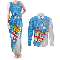 Custom Fiji Rugby Couples Matching Tank Maxi Dress and Long Sleeve Button Shirts Come On Fijian Tapa Pattern LT01 Blue - Polynesian Pride